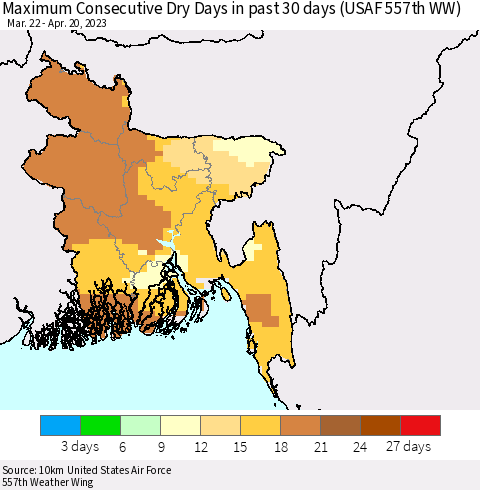 Bangladesh Maximum Consecutive Dry Days in past 30 days (USAF 557th WW) 04/20/2023 Thematic Map For 4/16/2023 - 4/20/2023