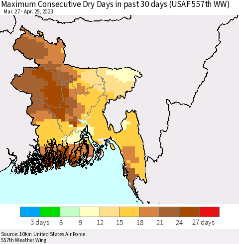 Bangladesh Maximum Consecutive Dry Days in past 30 days (USAF 557th WW) 04/25/2023 Thematic Map For 4/21/2023 - 4/25/2023