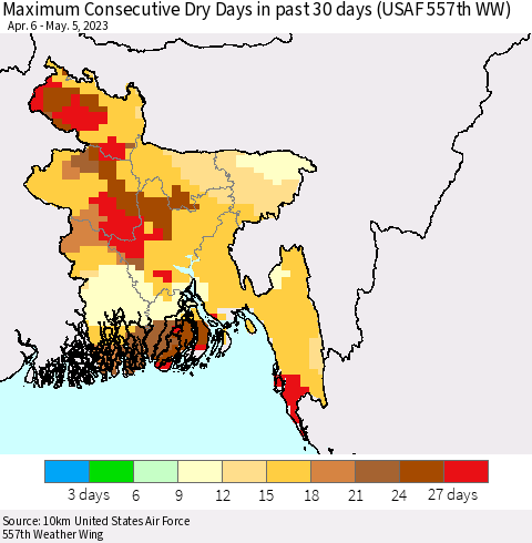 Bangladesh Maximum Consecutive Dry Days in past 30 days (USAF 557th WW) 05/05/2023 Thematic Map For 5/1/2023 - 5/5/2023