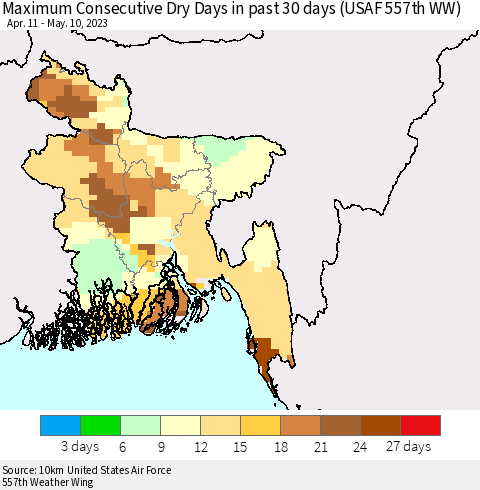 Bangladesh Maximum Consecutive Dry Days in past 30 days (USAF 557th WW) 05/10/2023 Thematic Map For 5/6/2023 - 5/10/2023