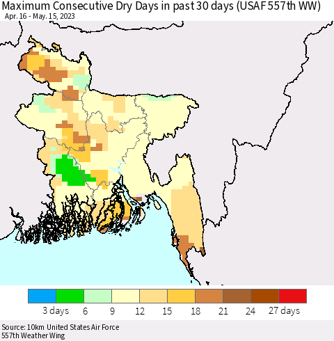 Bangladesh Maximum Consecutive Dry Days in past 30 days (USAF 557th WW) 05/15/2023 Thematic Map For 5/11/2023 - 5/15/2023