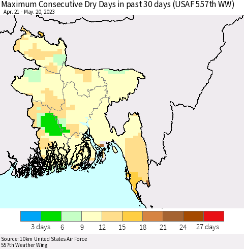 Bangladesh Maximum Consecutive Dry Days in past 30 days (USAF 557th WW) 05/20/2023 Thematic Map For 5/16/2023 - 5/20/2023