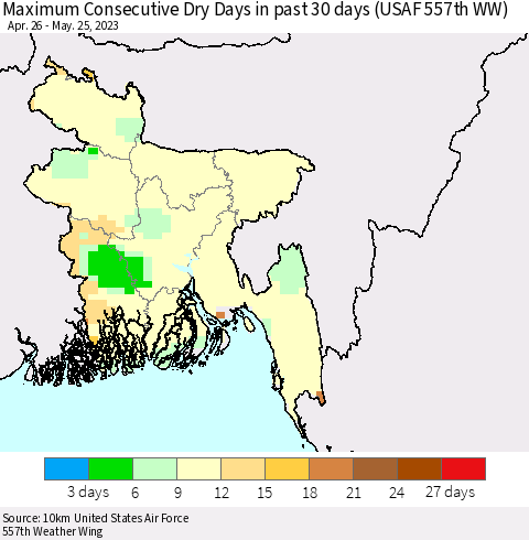Bangladesh Maximum Consecutive Dry Days in past 30 days (USAF 557th WW) 05/25/2023 Thematic Map For 5/21/2023 - 5/25/2023