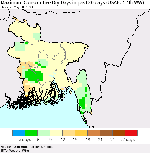 Bangladesh Maximum Consecutive Dry Days in past 30 days (USAF 557th WW) 05/31/2023 Thematic Map For 5/26/2023 - 5/31/2023