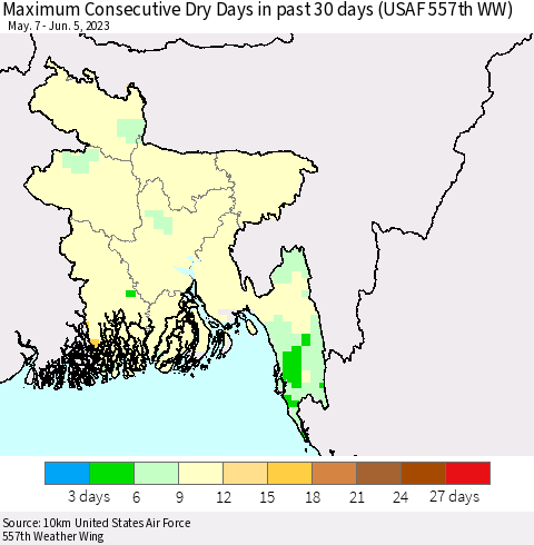 Bangladesh Maximum Consecutive Dry Days in past 30 days (USAF 557th WW) 06/05/2023 Thematic Map For 6/1/2023 - 6/5/2023
