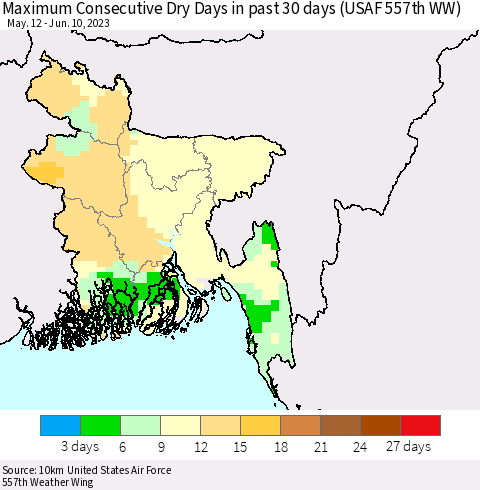 Bangladesh Maximum Consecutive Dry Days in past 30 days (USAF 557th WW) 06/10/2023 Thematic Map For 6/6/2023 - 6/10/2023