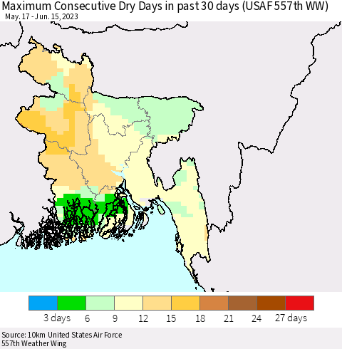 Bangladesh Maximum Consecutive Dry Days in past 30 days (USAF 557th WW) 06/15/2023 Thematic Map For 6/11/2023 - 6/15/2023