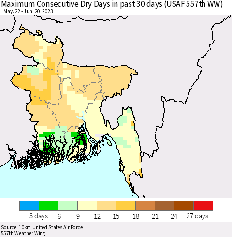 Bangladesh Maximum Consecutive Dry Days in past 30 days (USAF 557th WW) 06/20/2023 Thematic Map For 6/16/2023 - 6/20/2023