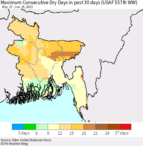 Bangladesh Maximum Consecutive Dry Days in past 30 days (USAF 557th WW) 06/25/2023 Thematic Map For 6/21/2023 - 6/25/2023