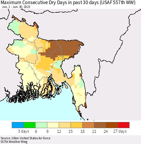 Bangladesh Maximum Consecutive Dry Days in past 30 days (USAF 557th WW) 06/30/2023 Thematic Map For 6/26/2023 - 6/30/2023
