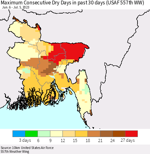 Bangladesh Maximum Consecutive Dry Days in past 30 days (USAF 557th WW) 07/05/2023 Thematic Map For 7/1/2023 - 7/5/2023