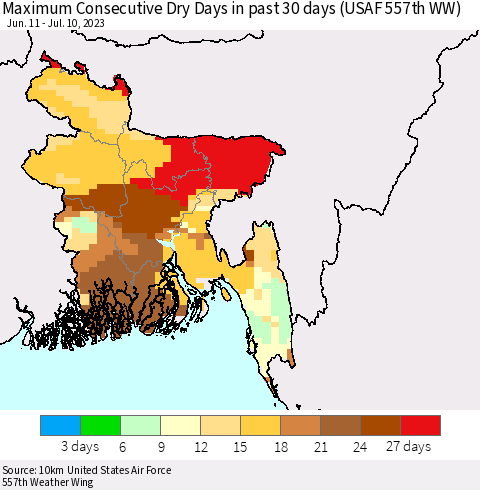 Bangladesh Maximum Consecutive Dry Days in past 30 days (USAF 557th WW) 07/10/2023 Thematic Map For 7/6/2023 - 7/10/2023