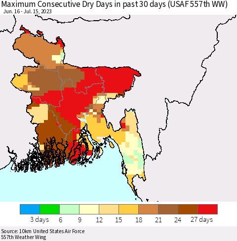 Bangladesh Maximum Consecutive Dry Days in past 30 days (USAF 557th WW) 07/15/2023 Thematic Map For 7/11/2023 - 7/15/2023