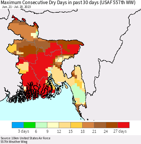 Bangladesh Maximum Consecutive Dry Days in past 30 days (USAF 557th WW) 07/20/2023 Thematic Map For 7/16/2023 - 7/20/2023