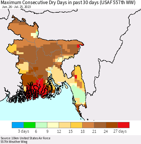 Bangladesh Maximum Consecutive Dry Days in past 30 days (USAF 557th WW) 07/25/2023 Thematic Map For 7/21/2023 - 7/25/2023