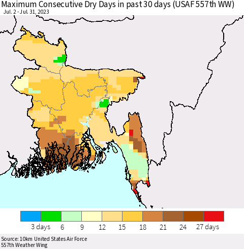 Bangladesh Maximum Consecutive Dry Days in past 30 days (USAF 557th WW) 07/31/2023 Thematic Map For 7/26/2023 - 7/31/2023