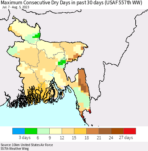 Bangladesh Maximum Consecutive Dry Days in past 30 days (USAF 557th WW) 08/05/2023 Thematic Map For 8/1/2023 - 8/5/2023
