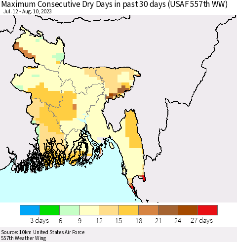 Bangladesh Maximum Consecutive Dry Days in past 30 days (USAF 557th WW) 08/10/2023 Thematic Map For 8/6/2023 - 8/10/2023