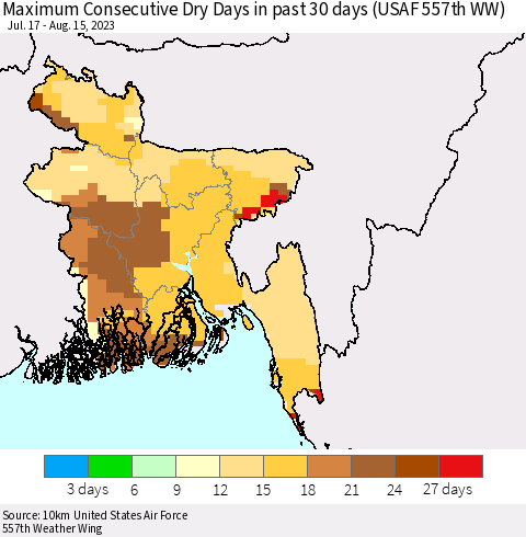 Bangladesh Maximum Consecutive Dry Days in past 30 days (USAF 557th WW) 08/15/2023 Thematic Map For 8/11/2023 - 8/15/2023