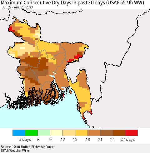 Bangladesh Maximum Consecutive Dry Days in past 30 days (USAF 557th WW) 08/20/2023 Thematic Map For 8/16/2023 - 8/20/2023
