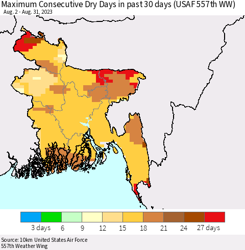 Bangladesh Maximum Consecutive Dry Days in past 30 days (USAF 557th WW) 08/31/2023 Thematic Map For 8/26/2023 - 8/31/2023