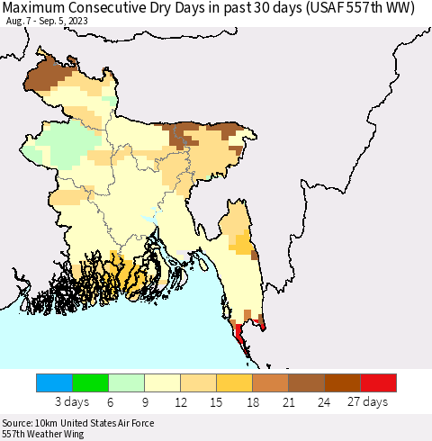 Bangladesh Maximum Consecutive Dry Days in past 30 days (USAF 557th WW) 09/05/2023 Thematic Map For 9/1/2023 - 9/5/2023