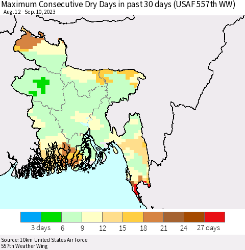 Bangladesh Maximum Consecutive Dry Days in past 30 days (USAF 557th WW) 09/10/2023 Thematic Map For 9/6/2023 - 9/10/2023
