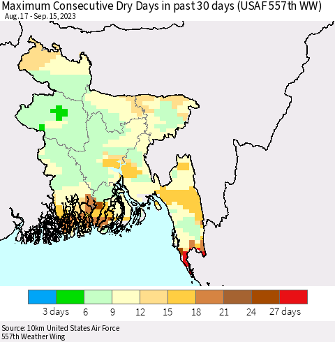 Bangladesh Maximum Consecutive Dry Days in past 30 days (USAF 557th WW) 09/15/2023 Thematic Map For 9/11/2023 - 9/15/2023