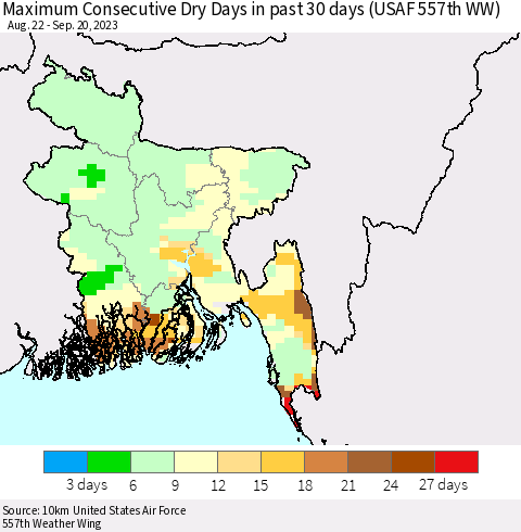 Bangladesh Maximum Consecutive Dry Days in past 30 days (USAF 557th WW) 09/20/2023 Thematic Map For 9/16/2023 - 9/20/2023