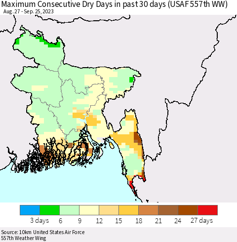Bangladesh Maximum Consecutive Dry Days in past 30 days (USAF 557th WW) 09/25/2023 Thematic Map For 9/21/2023 - 9/25/2023
