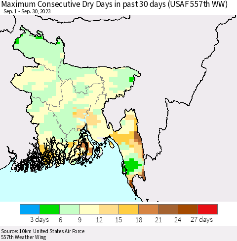 Bangladesh Maximum Consecutive Dry Days in past 30 days (USAF 557th WW) 09/30/2023 Thematic Map For 9/26/2023 - 9/30/2023