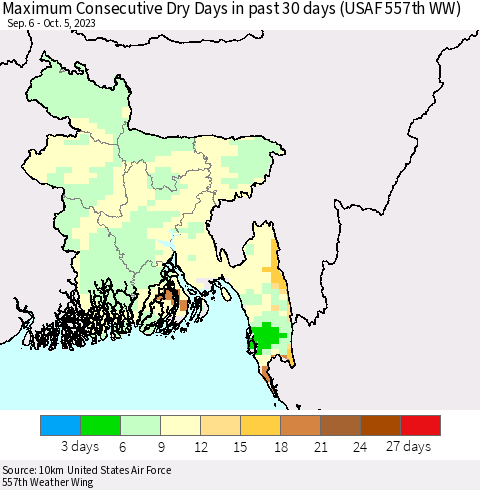Bangladesh Maximum Consecutive Dry Days in past 30 days (USAF 557th WW) 10/05/2023 Thematic Map For 10/1/2023 - 10/5/2023