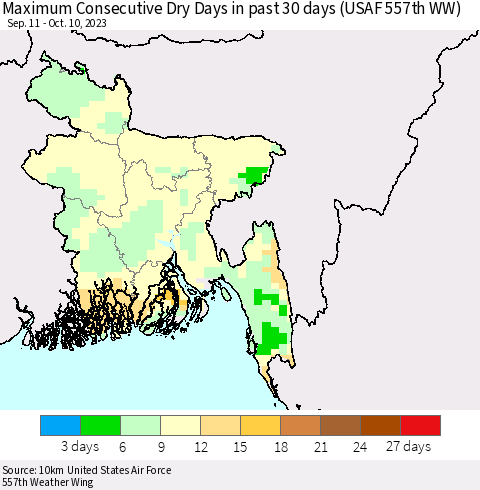 Bangladesh Maximum Consecutive Dry Days in past 30 days (USAF 557th WW) 10/10/2023 Thematic Map For 10/6/2023 - 10/10/2023