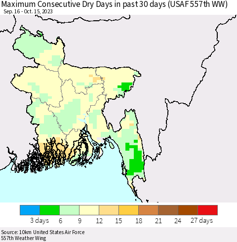 Bangladesh Maximum Consecutive Dry Days in past 30 days (USAF 557th WW) 10/15/2023 Thematic Map For 10/11/2023 - 10/15/2023