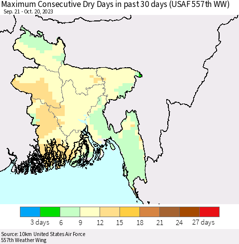 Bangladesh Maximum Consecutive Dry Days in past 30 days (USAF 557th WW) 10/20/2023 Thematic Map For 10/16/2023 - 10/20/2023