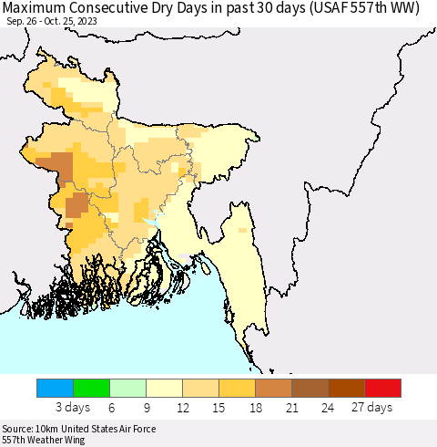 Bangladesh Maximum Consecutive Dry Days in past 30 days (USAF 557th WW) 10/25/2023 Thematic Map For 10/21/2023 - 10/25/2023