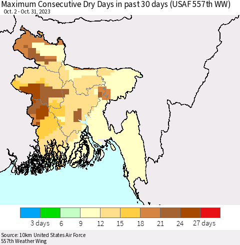 Bangladesh Maximum Consecutive Dry Days in past 30 days (USAF 557th WW) 10/31/2023 Thematic Map For 10/26/2023 - 10/31/2023