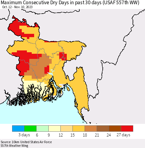 Bangladesh Maximum Consecutive Dry Days in past 30 days (USAF 557th WW) 11/10/2023 Thematic Map For 11/6/2023 - 11/10/2023