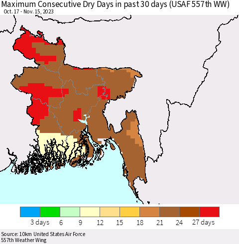 Bangladesh Maximum Consecutive Dry Days in past 30 days (USAF 557th WW) 11/15/2023 Thematic Map For 11/11/2023 - 11/15/2023