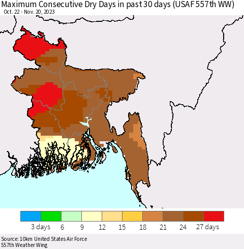 Bangladesh Maximum Consecutive Dry Days in past 30 days (USAF 557th WW) 11/20/2023 Thematic Map For 11/16/2023 - 11/20/2023