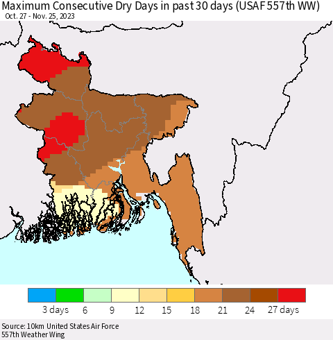 Bangladesh Maximum Consecutive Dry Days in past 30 days (USAF 557th WW) 11/25/2023 Thematic Map For 11/21/2023 - 11/25/2023