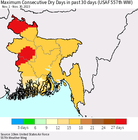 Bangladesh Maximum Consecutive Dry Days in past 30 days (USAF 557th WW) 11/30/2023 Thematic Map For 11/26/2023 - 11/30/2023