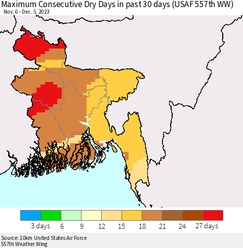 Bangladesh Maximum Consecutive Dry Days in past 30 days (USAF 557th WW) 12/05/2023 Thematic Map For 12/1/2023 - 12/5/2023