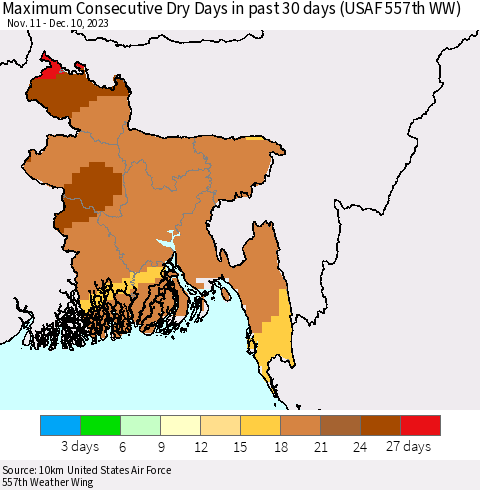 Bangladesh Maximum Consecutive Dry Days in past 30 days (USAF 557th WW) 12/10/2023 Thematic Map For 12/6/2023 - 12/10/2023