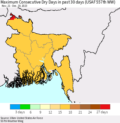 Bangladesh Maximum Consecutive Dry Days in past 30 days (USAF 557th WW) 12/20/2023 Thematic Map For 12/16/2023 - 12/20/2023