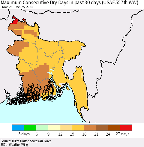 Bangladesh Maximum Consecutive Dry Days in past 30 days (USAF 557th WW) 12/25/2023 Thematic Map For 12/21/2023 - 12/25/2023