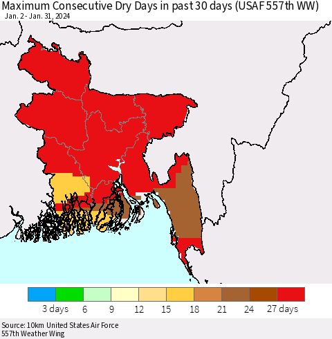 Bangladesh Maximum Consecutive Dry Days in past 30 days (USAF 557th WW) 01/31/2024 Thematic Map For 1/26/2024 - 1/31/2024