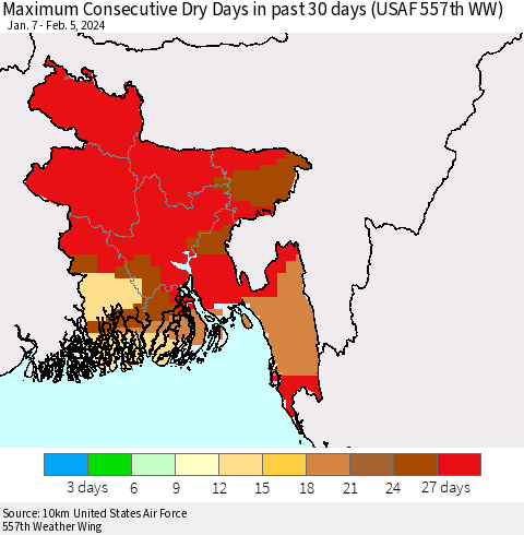 Bangladesh Maximum Consecutive Dry Days in past 30 days (USAF 557th WW) 02/05/2024 Thematic Map For 2/1/2024 - 2/5/2024