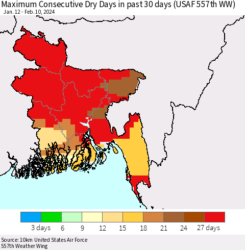 Bangladesh Maximum Consecutive Dry Days in past 30 days (USAF 557th WW) 02/10/2024 Thematic Map For 2/6/2024 - 2/10/2024