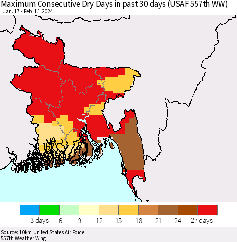 Bangladesh Maximum Consecutive Dry Days in past 30 days (USAF 557th WW) 02/15/2024 Thematic Map For 2/11/2024 - 2/15/2024